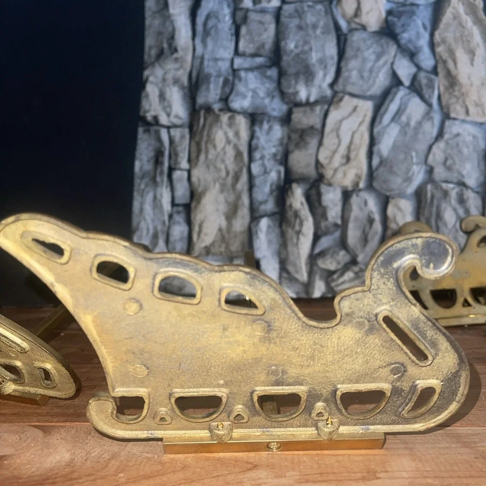 4 VTG Solid Brass Sleigh Stocking Holder Hanger Hook Long Arm Christmas Mantel